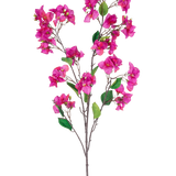Een Kunstbloem Bougainvillea 120 cm paars tak met meerdere trossen levendige paarse bloemen en groene bladeren tegen een witte achtergrond.