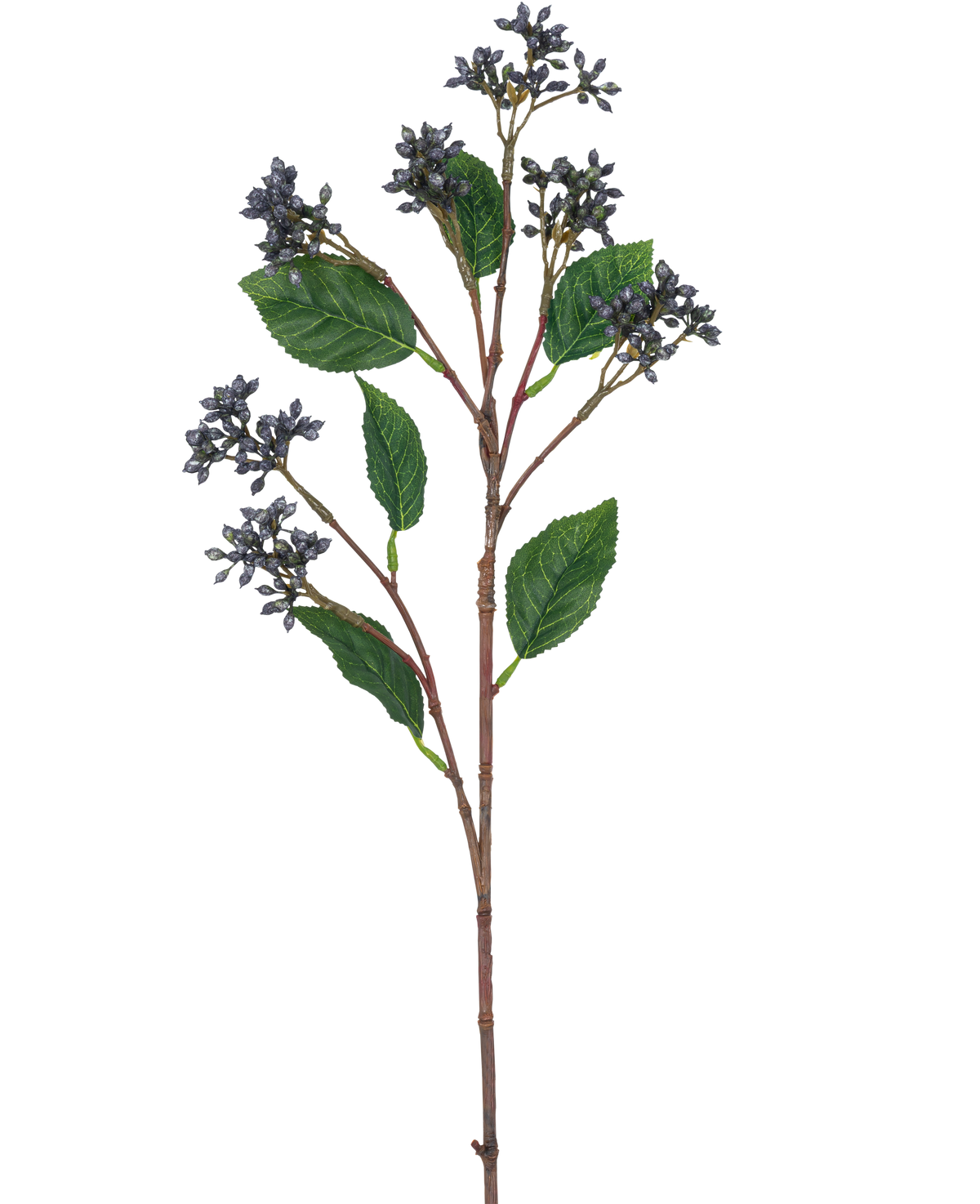 De Kunsttak Berries 64 cm staalblauw heeft een enkele kunsttak met trossen kleine staalblauwe bessen en verschillende groene bladeren op roodbruine stelen, perfect voor decoratie.