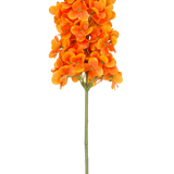 Een enkele Kunstbloem Sneeuwbal Real Touch Oranje, 58 cm lang, heeft helder oranje geclusterde bloemen op een groene steel, tegen een effen witte achtergrond.