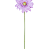 De Kunstbloem mini Gerbera 47 cm lila heeft een enkele lichtpaarse margrietachtige bloem met gelaagde bloemblaadjes en een geel hart op een lange, slanke groene steel, perfect om te laten zien tegen een witte achtergrond.