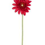 De Kunstbloem Gerbera 53 cm rood heeft een enkele rode gerbera met gelaagde bloemblaadjes en een geel hart op een lange groene steel, tegen een effen witte achtergrond.