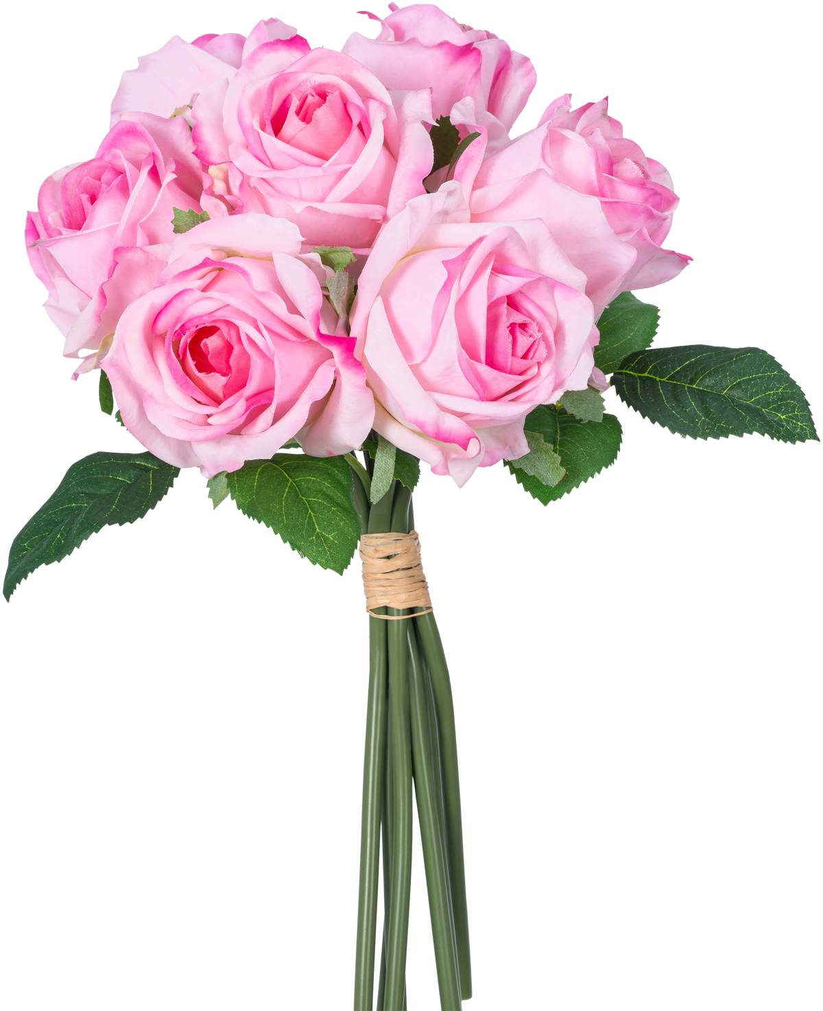 Een Kunstrozenboeket van 7 Real Touch roze rozen (30 cm) met groene bladeren, samengebonden met touw en gefotografeerd tegen een witte achtergrond.