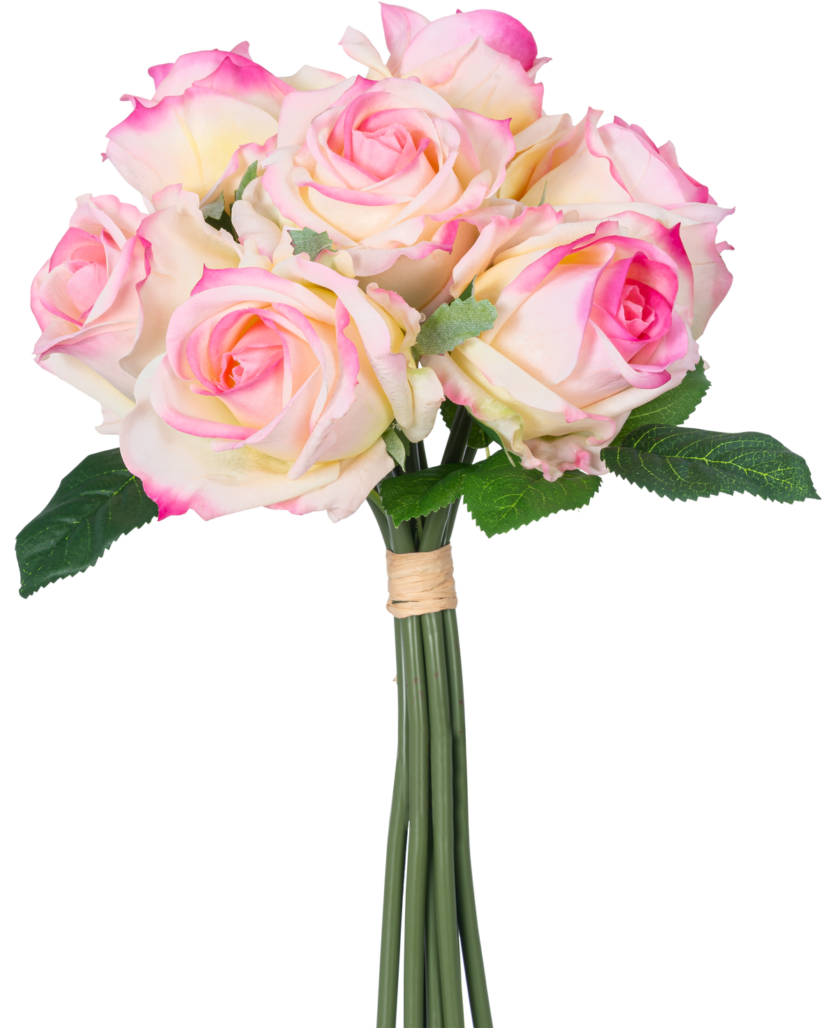De Kunstrozenboeket 7 Rozen Real Touch Crème/Roze 30 cm heeft zeven crèmekleurige en roze kunstrozen met groene bladeren en lange stelen, gebonden met een bruin lint en afgebeeld tegen een witte achtergrond.