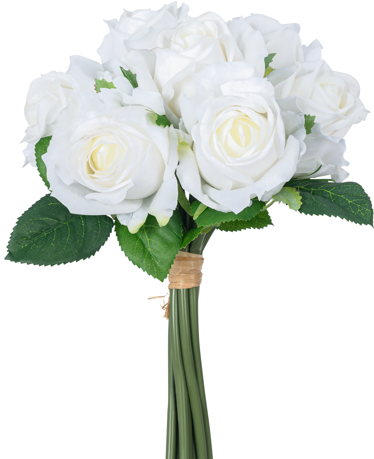 Het Kunstrozenboeket 7 Rozen Real Touch Wit 30 cm heeft een boeket van witte kunstrozen met groene bladeren, de stelen gebonden door een bruine rubberen band, afgebeeld tegen een effen witte achtergrond.