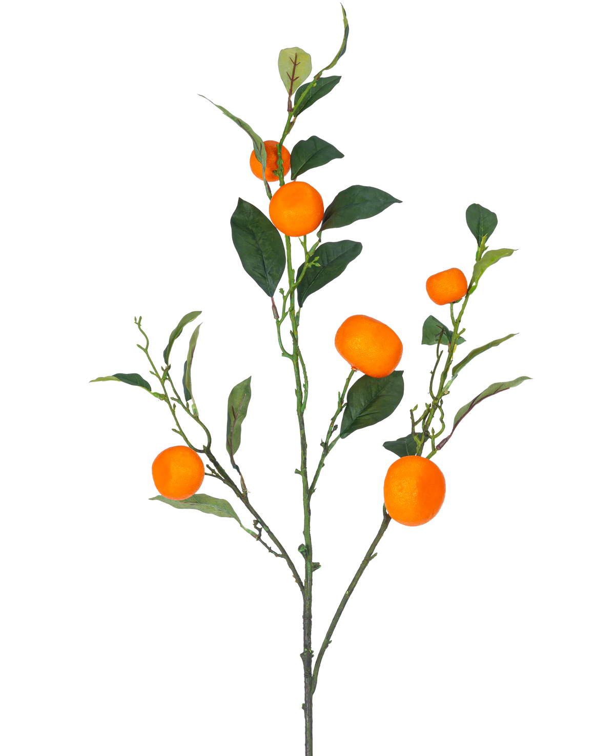 Een Kunsttak Mandarin 104 cm oranje tak met groene bladeren en levendige oranje mandarijnachtige vruchten, tegen een effen witte achtergrond.