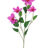 De Kunstclematis Real Touch Roze 88cm heeft een enkele groene stengel met meerdere takken, vijf levendige roze bloemen en verschillende ovale groene bladeren, allemaal prachtig gedetailleerd en geïsoleerd op een witte achtergrond.
