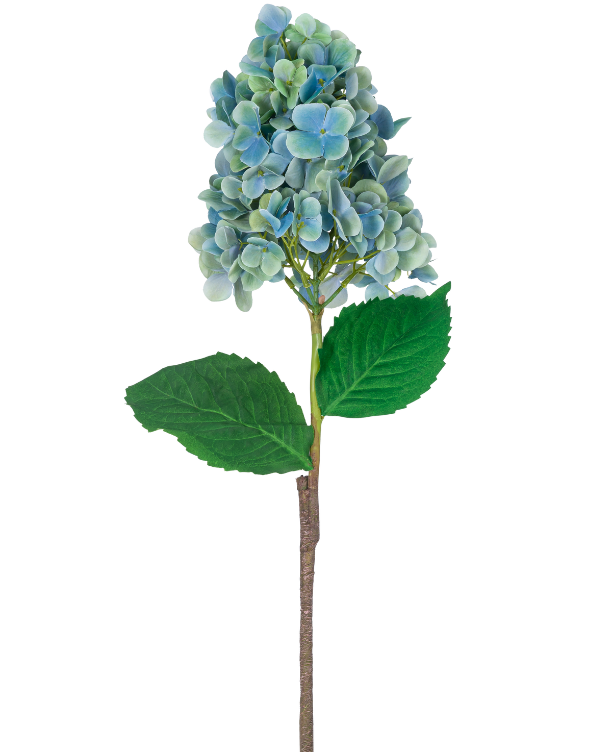 Een enkele steel van Kunst Hortensia 93 cm blauw met blauwe en groene hortensiabloemen met weelderige groene bladeren, geïsoleerd op een witte achtergrond.