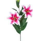 De Kunstbloem Lelie 85 cm roze heeft twee bloeiende roze en witte lelies, een gesloten knop en een aantal lange groene bladeren, prachtig tegen een witte achtergrond.