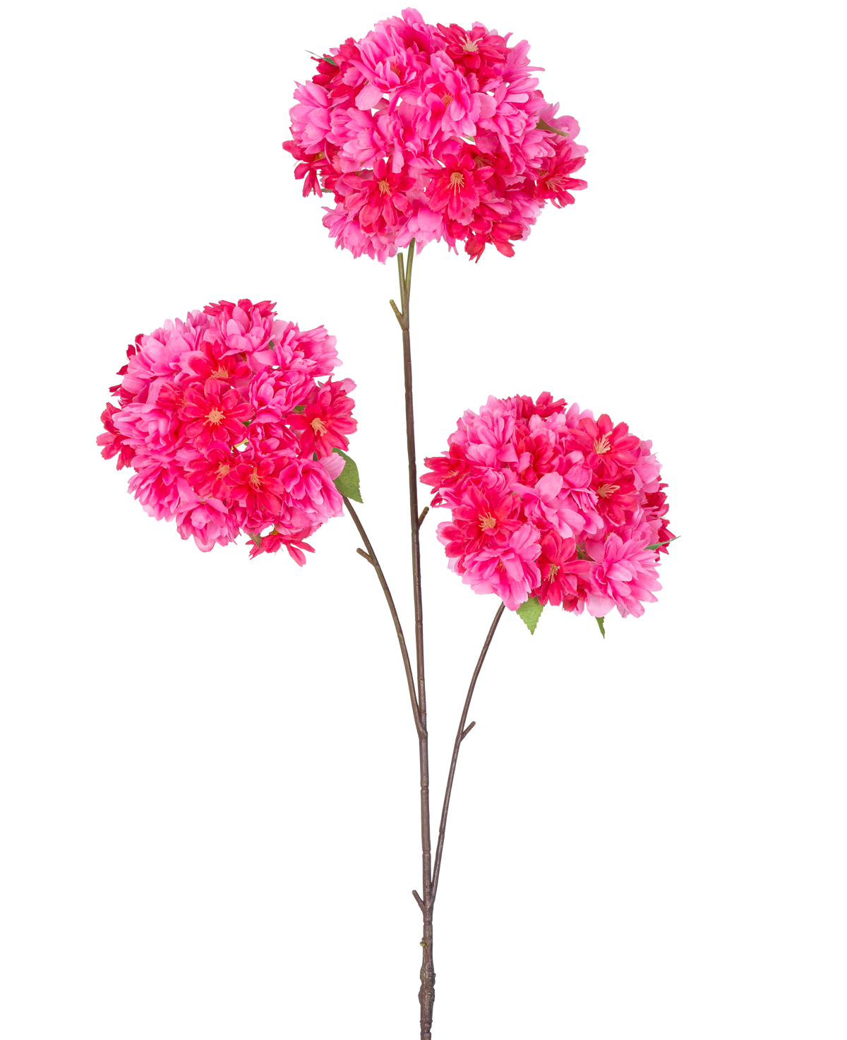 De Kunsttak Kersenbloesem 85 cm roze heeft een enkele steel met drie trossen felroze kunstmatige kersenbloesems en groene bladeren op slanke bruine takken, geïsoleerd op een witte achtergrond.
