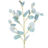 De Kunsttak eucalyptus 84 cm is een enkele kunststengel met meerdere takken, voorzien van ronde, lichtblauwgroene bladeren tegen een effen witte achtergrond.