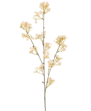 Een enkele stengel van Kunstbloem Gypso, 106 cm, crème/bruin, met kleine, sierlijke crème- en bruine bloemetjes die zich vertakken, afgezette op een witte achtergrond.