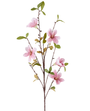Een slanke Kunstbloem Magnolia-tak van 94 cm in oudroze, met verschillende roze magnoliabloemen en groene bladeren tegen een witte achtergrond.