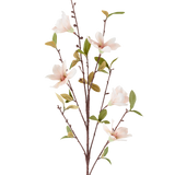 Een kunstbloem Magnolia van 94 cm, crèmekleurig/bruin, met verschillende lichtroze bloemen en groene bladeren aan dunne bruine stelen, afgebeeld tegen een effen witte achtergrond.