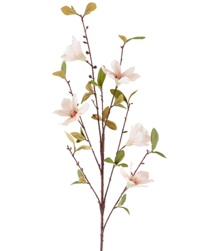 Een kunstbloem Magnolia van 94 cm, crèmekleurig/bruin, met verschillende lichtroze bloemen en groene bladeren aan dunne bruine stelen, afgebeeld tegen een effen witte achtergrond.