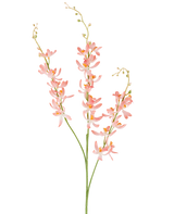 Drie lange groene stelen van de Kunstbloem Cymbidium 95 cm perzik, met trossen delicate perzikkleurige orchideebloemen en kleine gele knoppen, tegen een effen witte achtergrond.