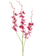 Drie stelen van de Kunstbloem Cymbidium van 95 cm in bordeauxrood, met levendige bloemen en kleine knopjes, afgebeeld tegen een witte achtergrond.