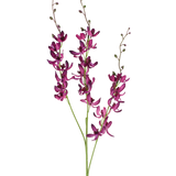 Drie lange stelen van de Kunstbloem Cymbidium van 95 cm in levendig paars, met kleine groene knoppen, tegen een effen witte achtergrond.
