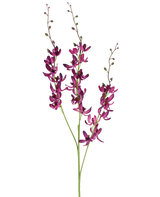 Drie lange stelen van de Kunstbloem Cymbidium van 95 cm in levendig paars, met kleine groene knoppen, tegen een effen witte achtergrond.