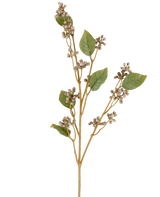 Een enkele stengel van de Kunstbloem Dewberry, 78 cm hoog, met verschillende groene bladeren en trossen kleine, ronde beige bessen aan dunne bruine takjes in grijze en paarse tinten, tegen een witte achtergrond.