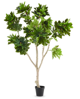 De Kunstplant Ficus Carica vijgenboom 250 cm is een kunstvijgenboom in een pot met meerdere lichtbruine takken en trossen grote, groene, gelobde bladeren, gepresenteerd tegen een effen witte achtergrond.