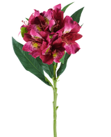 Een enkele stengel van de Kunstbloem Alstroemeria van 74 cm in rode en paarse tinten, met levensechte bloemen en groene bladeren, geïsoleerd tegen een witte achtergrond.