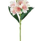 Een enkele stengel van de Kunstbloem Alstroemeria 74 cm lichtroze met groene bladeren en drie lichtroze bloemen met donkerroze spikkels, tegen een witte achtergrond.