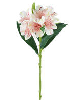 Een enkele stengel van de Kunstbloem Alstroemeria 74 cm lichtroze met groene bladeren en drie lichtroze bloemen met donkerroze spikkels, tegen een witte achtergrond.