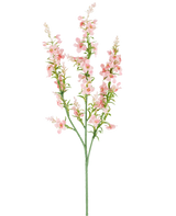 Een enkele groene stengel met meerdere takken draagt trossen kleine, delicate, lichtroze Kunstbloem Catmint 75 cm roze bloemen en groene bladeren, afgebeeld tegen een effen witte achtergrond.