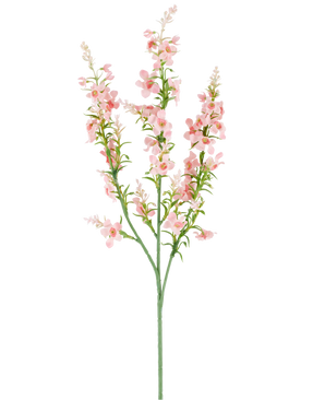 Een enkele groene stengel met meerdere takken draagt trossen kleine, delicate, lichtroze Kunstbloem Catmint 75 cm roze bloemen en groene bladeren, afgebeeld tegen een effen witte achtergrond.