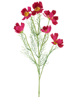 De Kunstbloem Cosmo 78 cm fuchsia bestaat uit levendige fuchsia-kleurige cosmosbloemen met gele hartjes en delicate, vederachtige groene blaadjes, tegen een witte achtergrond.