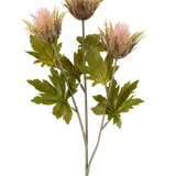 Kunstbloem Distel 67 cm oudroze bestaat uit drie roze en goudkleurige, stekelige kunstdistelbloemen met groene bladeren aan grijze stelen, afgebeeld tegen een witte achtergrond.