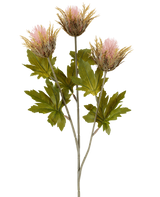 Kunstbloem Distel 67 cm oudroze bestaat uit drie roze en goudkleurige, stekelige kunstdistelbloemen met groene bladeren aan grijze stelen, afgebeeld tegen een witte achtergrond.
