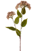 Een enkele stengel van Kunstbloem Sedum 67 cm mauve heeft twee trossen kleine, lichtmauve bloemen en talrijke groene bladeren tegen een witte achtergrond.