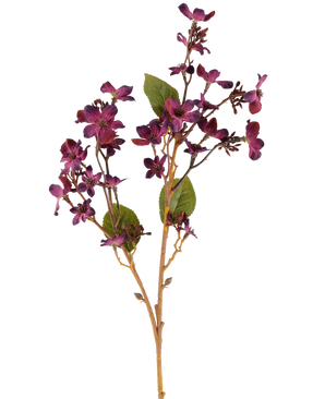 Een Kunstbloem Vernicia Fordii van 63 cm in bordeauxrood, met trossen kleine, donkerpaarse bloemen en groene bladeren aan slanke, lichtbruine stelen, afgebeeld tegen een witte achtergrond.