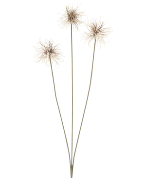 Drie kunstbloemen van het geslacht Xanthium in crèmekleur en bruin, elk met dunne, lange stelen van 64 cm, in een waaiervorm gerangschikt tegen een effen witte achtergrond.