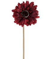 De Kunstbloem Gerbera 53 cm bordeaux bestaat uit één kunstgerbera in een rijke, donkerrode tint met gelaagde bloemblaadjes en een bruin hart, bevestigd aan een lange, rechte, lichtgekleurde steel en gepresenteerd tegen een effen witte achtergrond.