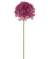 Een enkele lange steel van de Kunstbloem Paardenbloem 63 cm fuchsia draagt een ronde tros kleine, stervormige, fuchsia bloemen tegen een witte achtergrond.