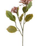 Kunstbloem Hortensia 55 cm mauve, met trossen kleine, mauve knoppen en groene bladeren aan lange, slanke bruingroene stelen, afgebeeld op een witte achtergrond.