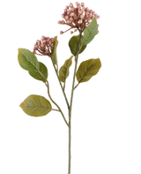 Kunstbloem Hortensia 55 cm mauve, met trossen kleine, mauve knoppen en groene bladeren aan lange, slanke bruingroene stelen, afgebeeld op een witte achtergrond.