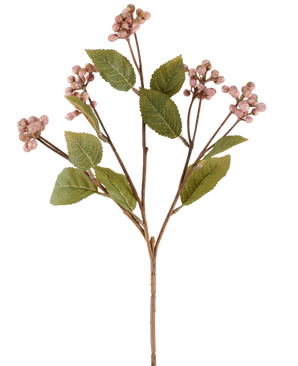 Een enkele mauve Kunstbloem Wild Berry-steel, 53 cm hoog, met meerdere takken waarop trossen kleine, ronde mauve bessen en diverse ovale groene blaadjes tegen een witte achtergrond.