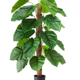 Een kunstplant Epipremnum aureum van 120 cm hoog, met grote, glanzend groene bladeren in een zwarte pot, afgebeeld tegen een effen witte achtergrond.