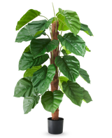 Een kunstplant Epipremnum aureum van 120 cm hoog, met grote, glanzend groene bladeren in een zwarte pot, afgebeeld tegen een effen witte achtergrond.