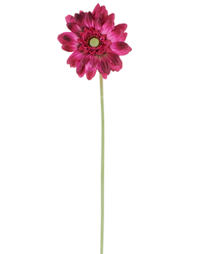 Een enkele Kunstbloeme Mini Gerbera van 47 cm in donkerroze met gelaagde bloemblaadjes en een groen hart op een lange, slanke groene steel, geïsoleerd tegen een witte achtergrond.