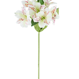 Kunstbloem Alstroemeria 47 cm crèmekleurig met crèmekleurige bloemblaadjes en subtiele rode spikkels, aangevuld met groene bladeren aan een enkele groene steel, afgebeeld tegen een witte achtergrond.