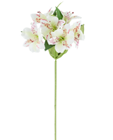 Kunstbloem Alstroemeria 47 cm crèmekleurig met crèmekleurige bloemblaadjes en subtiele rode spikkels, aangevuld met groene bladeren aan een enkele groene steel, afgebeeld tegen een witte achtergrond.