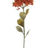 Een enkele Kunstbloem Sedum van 46 cm in verweerd oranje, met trossen kleine roodoranje bloesems en enkele groene blaadjes, afgebeeld op een witte achtergrond.