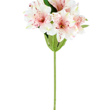 Een kunstbloem Alstroemeria van 47 cm in roze/crème, met lichtroze en witte kunstlelies met groene bladeren en stengel, afgebeeld op een witte achtergrond.