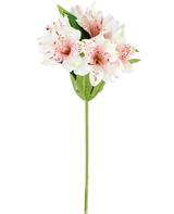 Een kunstbloem Alstroemeria van 47 cm in roze/crème, met lichtroze en witte kunstlelies met groene bladeren en stengel, afgebeeld op een witte achtergrond.