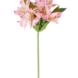 Een enkele Kunstbloem Alstroemeria van 47 cm, roze/crème, met verschillende roze en crèmekleurige bloesems en groene bladeren, afgebeeld tegen een witte achtergrond.