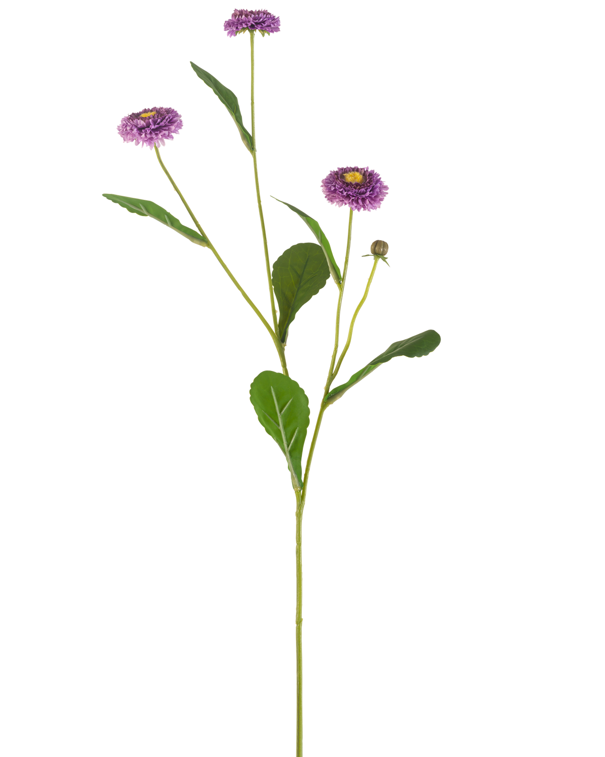 Een Kunstbloem Zomeraster van 57 cm met een enkele groene steel, drie paarse margrietachtige bloemen met een geel hart en een aantal groene bladeren, afgebeeld tegen een effen witte achtergrond.